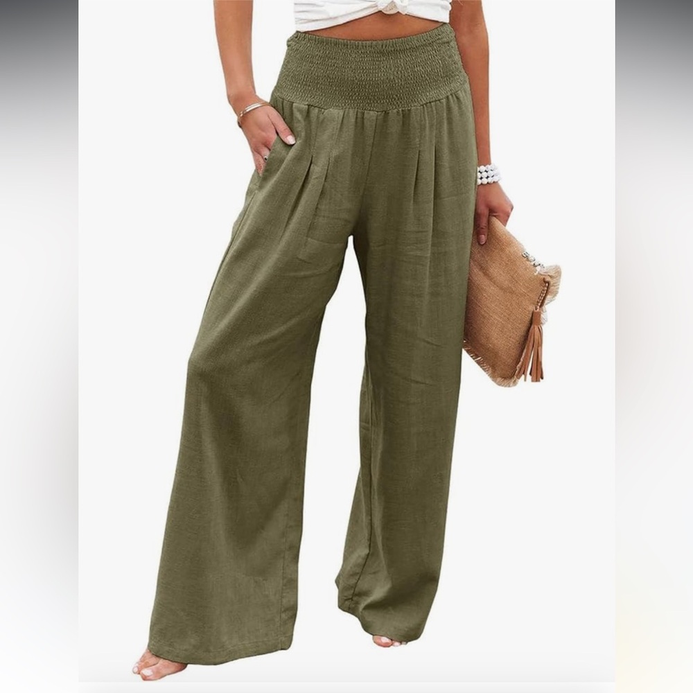 Women's Green Wide-Leg Pants Pull On Elastic Waistband Pockets Linen Polyester M